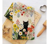 Torchon de cuisine en microfibre absorbante motif chat mignon 61 x 35,6 cm, fleurs sauvages vintage pour cuisine, maison de ferme, cadeau pour amoureux des chats 1