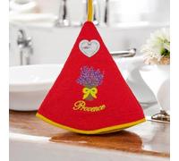 Torchon Essuie Mains Bouquet de Lavande - Rond avec Attache - Rouge - Motifs Brodés - 100% Coton - Ø 65 cm de diamètre - Cuisine ou Salle de Bain - Lavable en Machine