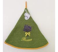 Torchon Essuie Mains Bouquet de Lavande - Rond avec Attache - Vert foncé - Motifs Brodés - 100% Coton - Ø 65 cm de diamètre - Cuisine ou Salle de Bain - Lavable en Machine