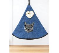 Torchon Essuie Mains Brodé Chat - Essuie Mains Cuisine Rond avec Attache - Motifs Brodés - 100% Coton - Ø 65 cm de diamètre - Lavable en Machine (Bleu, Unité)