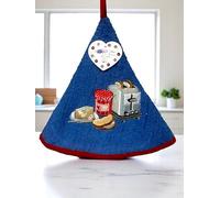 Torchon Essuie Mains Petit Déjeuner - Essuie Mains Rond Eponge avec Attache - Bleu - Motifs Brodés - Torchon Cuisine Rond 100% Coton - Serviette Cuisine SDB Ø 65 cm - Lavable en Machine