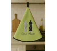 Torchon Essuie Mains Sel et Poivre - Essuie Mains Cuisine Rond avec Attache - Motifs Brodés - 100% Coton - Ø 65 cm de diamètre - Lavable en Machine (Vert Anis, Unité)