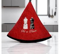 Torchon Essuie Mains Sel et Poivre - Essuie Mains Cuisine Rond avec Attache - Motifs Brodés - 100% Coton - Ø 65 cm de diamètre - Lavable en Machine (Rouge, Unité)