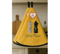 Torchon Essuie Mains Sel et Poivre - Essuie Mains Cuisine Rond avec Attache - Motifs Brodés - 100% Coton - Ø 65 cm de diamètre - Lavable en Machine (Jaune, Lot de 2)