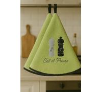 Torchon Essuie Mains Sel et Poivre - Essuie Mains Cuisine Rond avec Attache - Motifs Brodés - 100% Coton - Ø 65 cm de diamètre - Lavable en Machine (Vert Anis, Lot de 2)