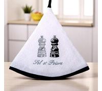 Torchon Essuie Mains Sel et Poivre - Essuie Mains Cuisine Rond avec Attache - Motifs Brodés - 100% Coton - Ø 65 cm de diamètre - Lavable en Machine (Blanc, Unité)
