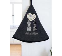 Torchon Essuie Mains Sel et Poivre - Essuie Mains Cuisine Rond avec Attache - Motifs Brodés - 100% Coton - Ø 65 cm de diamètre - Lavable en Machine (Noir Gris, Unité)