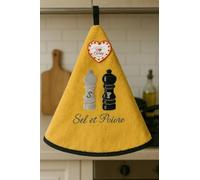 Torchon Essuie Mains Sel et Poivre - Essuie Mains Cuisine Rond avec Attache - Motifs Brodés - 100% Coton - Ø 65 cm de diamètre - Lavable en Machine (Jaune, Unité)