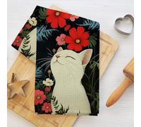 Torchons de cuisine à motif floral et chat - Torchon en microfibre douce - Torchon décoratif pour salle de bain - Torchon à main pour salle de bain - Cadeau pour les amoureux des chats pour femme