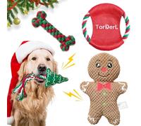 TorDerL Lot de 4 jouets de Noël couineurs en peluche pour chiens agressifs de petite, moyenne et petite race, disque volant à mâcher pour dentition