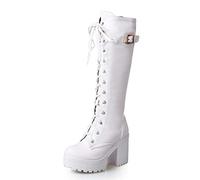 Toride Femme Bottes Aux Genoux Bout Rond Talon Carré Cuir Doux Automne Hiver À Lacets Bottes Longues Dames