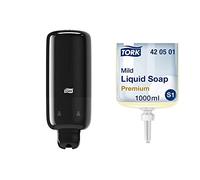 Tork Distributeur de Savon et Désinfectant pour Les Mains Liquide et en Spray - Système S1/S11 Économique et Anti-Fuites, Noir + Recharges de Savon Liquide Doux (Lot de 6)