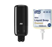 Tork Distributeur Mural de Savon Liquide et en Spray S1/S11 - Système de Distribution Économique et Anti-Fuites, Noir + Recharge de Savon Liquide Premium Doux S1, 1 x 1000 ML