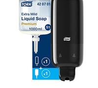Tork Distributeur Mural de Savon Liquide S1/S11 - Système de Distribution Économique et Anti-Fuites, Noir + Recharge de Savon Liquide Extra Doux, 1 x 1000 ML