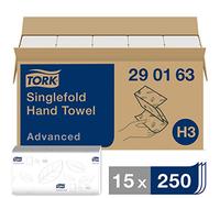 Tork Essuie-mains pliés en V Advanced - 290163 - Papier d'essuyage pour Distributeur H3 - Absorbant et indéchirable grand 2 plis blanc - 15 x 250 feuilles