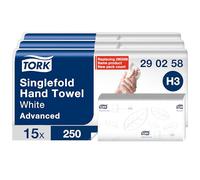 Tork Essuie-mains pliés en V blanc H3, Papier d'essuyage en Advanced pour Distributeur, Absorbant et indéchirable, grand, 2 plis, 15 x 250 feuilles, 290258