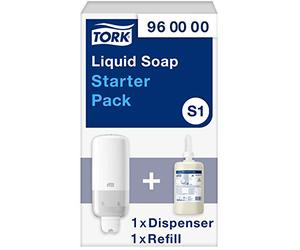 Tork Pack de démarrage pour distributeur murale de soins pour la peau liquide et en spray blanc S1/S11, économique, distributeur et 1 x 1000 ml savon liquide doux, 960000