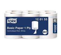 Tork Papier d’Essuyage Basic pour Distributeur à Dévidage Central blanc M2, Bobine d'Essuyageéconomique, 6 x 300 m, 120155
