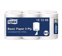 Tork Papier d’Essuyage Basic pour Distributeur à Dévidage Central blanc M2, Papier d'essuyage multi-usages, 6 x 121,5 m, 121208