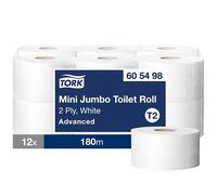 Tork Papier Toilette mini Jumbo blanc T2, 2 plis, 12 x 180 m, 605498 | Blanc / Advanced / 2 plis
