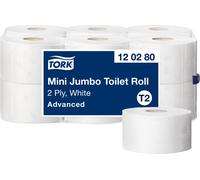 Tork 120280 Papier toilette Mini Jumbo Advanced - Blanc - 2 plis - lot de 12 rouleaux - 12 x 850 feuilles