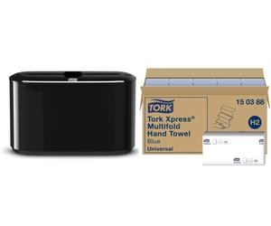 Tork Xpress Distributeur pour Essuie-Mains interfoliés - 552208 - Noir + Tork Xpress Essuie-Mains interfoliés - 150388 - qualité Universal pour Distributeur H2-2 Plis - 20 x 237 Feuilles