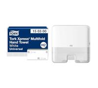 Tork Xpress Essuie-Mains interfoliés - 150300 - Papiers d'essuyage pliés en M, qualité Universal & Xpress, Mini Distributeur Murale pour essuie-Mains interfoliés Blanc H2