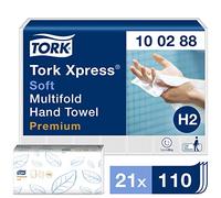 Tork Xpress Essuie-mains interfoliés doux - 100288 - Papiers d'essuyage pliés en M qualité Premium pour Distributeur H2 - Haute absorption 2 plis blanc - 21 x 110 feuilles