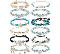 Tornito Lot de 12 bracelets de cheville en forme de tortue de coquillage faits à la main avec perles de coquillage, étoile de mer, cauris, dauphin, pour femme, style bohème, hawaïen, été, plage