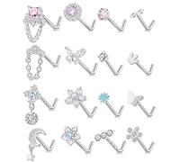 Tornito Lot de 16 anneaux de nez en forme de L avec zircone cubique papillon fleur feuille cœur lune couronne anneau de nez bijoux pour femme ton argent doré 20 g, Cuivre, Zircon cubique
