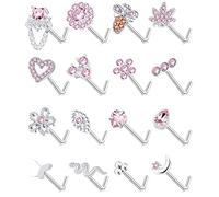 Tornito Lot de 16 piercings de nez en forme de L en forme de vis - Fleur serpent papillon cœur œil CZ - Bijoux de piercing de corps pour homme et femme - 20 g - Ton argenté et rose, Métal, Zircon