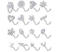 Tornito Lot de 16 piercings de nez en forme de L en forme de vis - Fleur serpent papillon cœur œil CZ - Bijoux de piercing de corps pour homme et femme - 20 g - Ton argenté et rose, Métal, Zircon