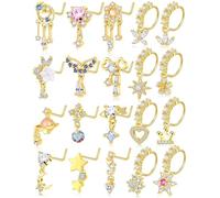 Tornito Lot de 20 anneaux de nez 20 g pour femme en forme de L avec papillon, cœur, lune, flèche, fleur, étoile, nœud papillon, zircone cubique, bijoux de piercing avec breloque argentée et dorée