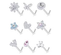 Tornito Lot de 9 anneaux de nez à tige en forme de L en forme de vis en forme de fleur CZ flocon de neige papillon à vis pour homme et femme 20 g argenté, doré, or rose, Acier inoxydable, cuivre