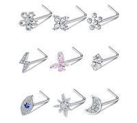 Tornito Lot de 9 anneaux de nez à tige en forme de L en forme de vis en forme de fleur CZ flocon de neige papillon à vis pour homme et femme 20 g argenté, doré, or rose, Acier inoxydable, cuivre