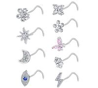 Tornito Lot de 9 anneaux de nez à tige en forme de L en forme de vis en forme de fleur CZ flocon de neige papillon à vis pour homme et femme 20 g argenté, doré, or rose, Acier inoxydable, cuivre