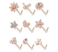 Tornito Lot de 9 anneaux de nez à tige en forme de L en forme de vis en forme de fleur CZ flocon de neige papillon à vis pour homme et femme 20 g argenté, doré, or rose, Acier inoxydable, cuivre