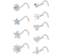 Tornito Lot de 9 anneaux de nez à tige en forme de L en forme de vis en forme de fleur CZ flocon de neige papillon à vis pour homme et femme 20 g argenté, doré, or rose, Acier inoxydable, cuivre