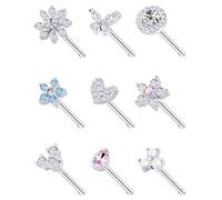 Tornito Lot de 9 anneaux de nez à tige en forme de L en forme de vis en forme de fleur CZ flocon de neige papillon à vis pour homme et femme 20 g argenté, doré, or rose, Acier inoxydable, cuivre