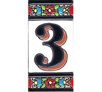 TORO DEL ORO Numéros de maison. Lettres et chiffres en mosaïque. Céramique émaillée, technique de corde sèche peinte à la main. Noms et adresses. Blue Arch Design 5,5x10,5 cm (numéro trois "3")