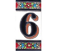 TORO DEL ORO Numéros de maison. Lettres et chiffres en mosaïque. Céramique émaillée, technique de corde sèche peinte à la main. Noms et adresses. Blue Arch Design 5,5x10,5 cm (numéro six "6")
