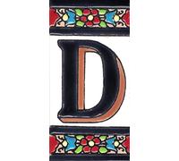 TORO DEL ORO Plaques de numéros de maison. Numéros et lettres en carreaux de céramique émaillée, peints à la main technique Corde Sèche. Noms et adresses. Design Fleur Moyenne 5,5x10,5 cm (Lettre "D")