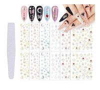 TOROKOM 12 Feuilles 3D Nail Art autocollants or argent bronzage étoiles soleil lune coeur papillon holographique autocollant ongles classique Nail Design fournitures autocollants avec lime à ongles