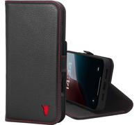 TORRO Étui portefeuille en cuir pour iPhone 16 Plus (avec fonction de support et chargement MagSafe) - Noir avec détail rouge
