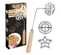 Tortillada Lot de 4 moules Bunuelos avec poignée en bois pour rosace, biscuit, biscuit, bunuelos, moules à gaufres en fonte d'aluminium avec 3 moules (cercle de fleurs étoiles) pour la cuisine