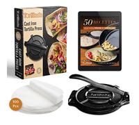 Tortillada - Presse à Tortillas en Fonte 20 cm - Tortilla Maker pour Tacos, Wraps et Pain Plat - avec E-Book et 100 Feuilles de Papier Sulfurisé - Presse Robuste