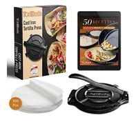 Tortillada - Presse à Tortillas en Fonte 25 cm - Machine à Tortillas pour Tacos, Wraps et Pain Plat - avec E-Book Recettes et 100 Feuilles de Papier Sulfurisé