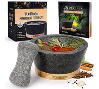 Tortillada - XXL Ensemble mortier et pilon de 16 cm en granit naturel avec base en bois anti-rayures Moulin à épices et à herbes en granit Broyeur de pilules avec 50 recettes, Noir