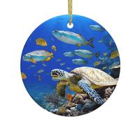 Tortue de mer avec poissons - Décoration ronde de Noël en céramique avec ficelle dorée, décoration de vacances personnalisée pour la maison, la vente au détail, le mariage.