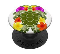 Tortue hawaïenne avec Fleurs d'hibiscus colorées PopSockets PopGrip Adhésif